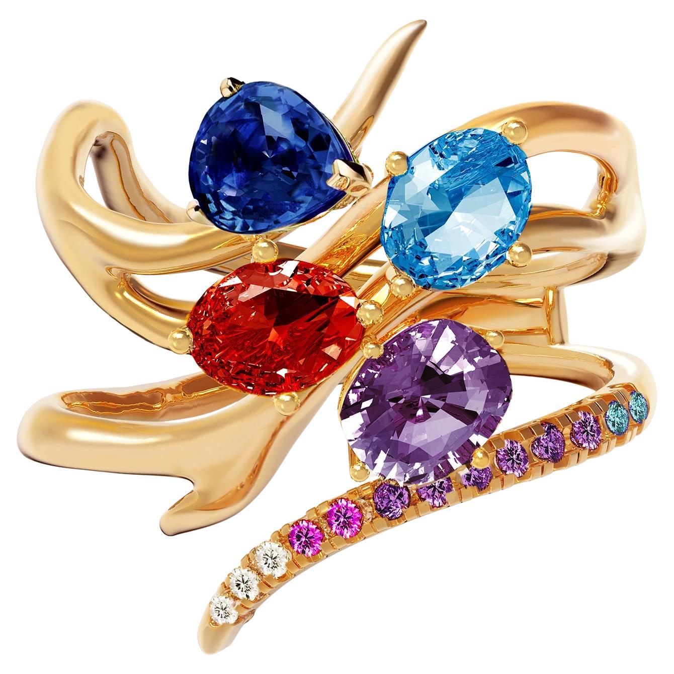 Eighteen Karat Yellow Gold Contemporary Cluster Ring with Sapphires For Sale