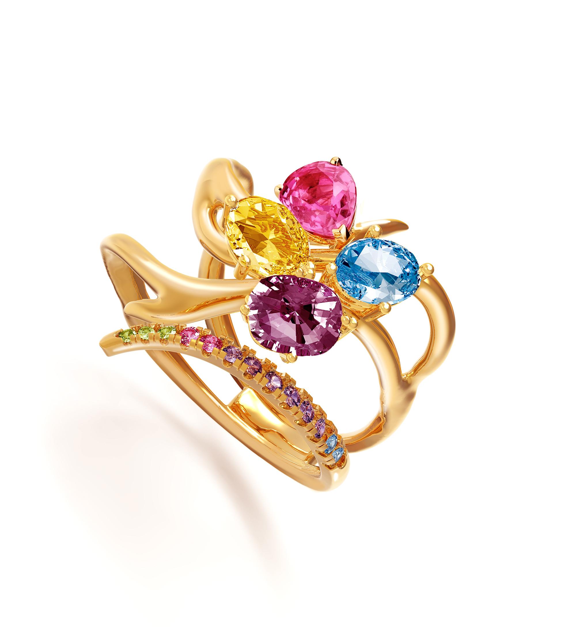 This Harajuku Anime contemporary Sculptural cocktail cluster ring is made of 18 karat yellow gold with natural gems on your choice custom made.
The gems are:
Oval or pear cut pink sapphire, 2,17 carats;
Unheated untreated yellow sapphire in oval