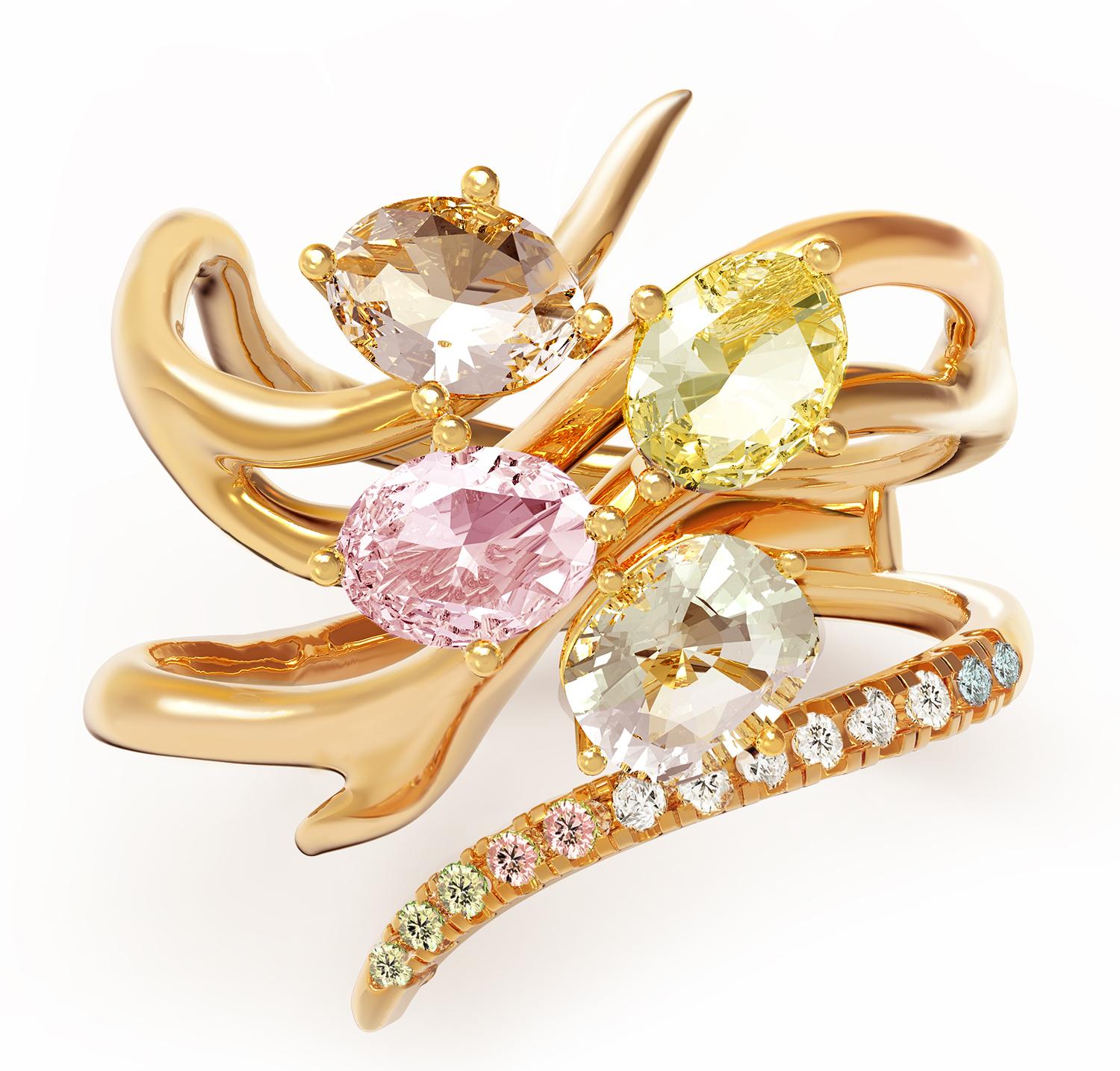 This Harajuku contemporary sculptural cluster ring is made of 18 karat yellow gold with natural gems on your choice custom made.
The matching gems are:
Oval cut pink sapphire;
Yellow sapphire in oval cut;
Light smoky quartz in oval cut;
Minty light