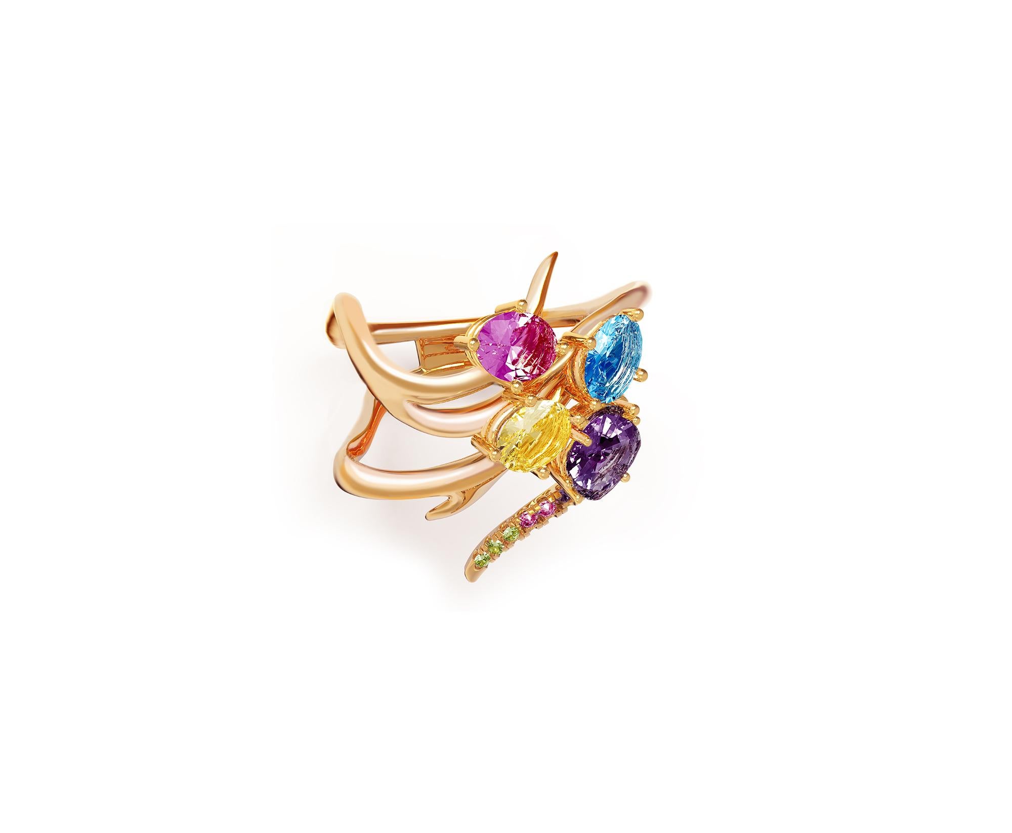 Oval Cut Eighteen Karat Yellow Gold Contemporary Cocktail Cluster Ring with Pink Sapphire