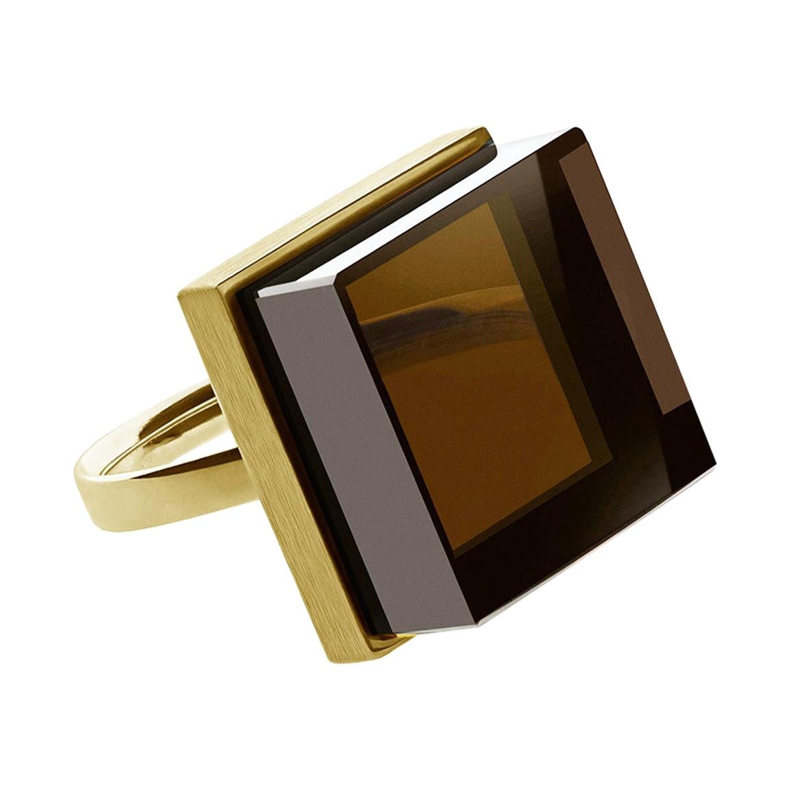 Eighteen Karat Yellow Gold Contemporary Ring with Smoky Quartz by Artist For Sale