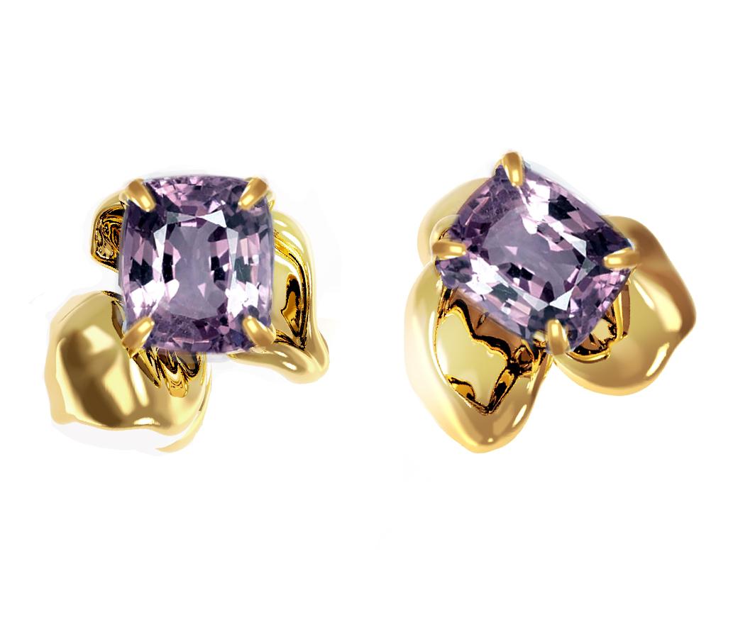 These contemporary stud earrings are part of a jewellery collection designed by Berlin-based oil painter, Polya Medvedeva. The earrings are crafted from 18 karat yellow gold and adorned with cushion-cut purple ink spinels (3 carats).

Not only are