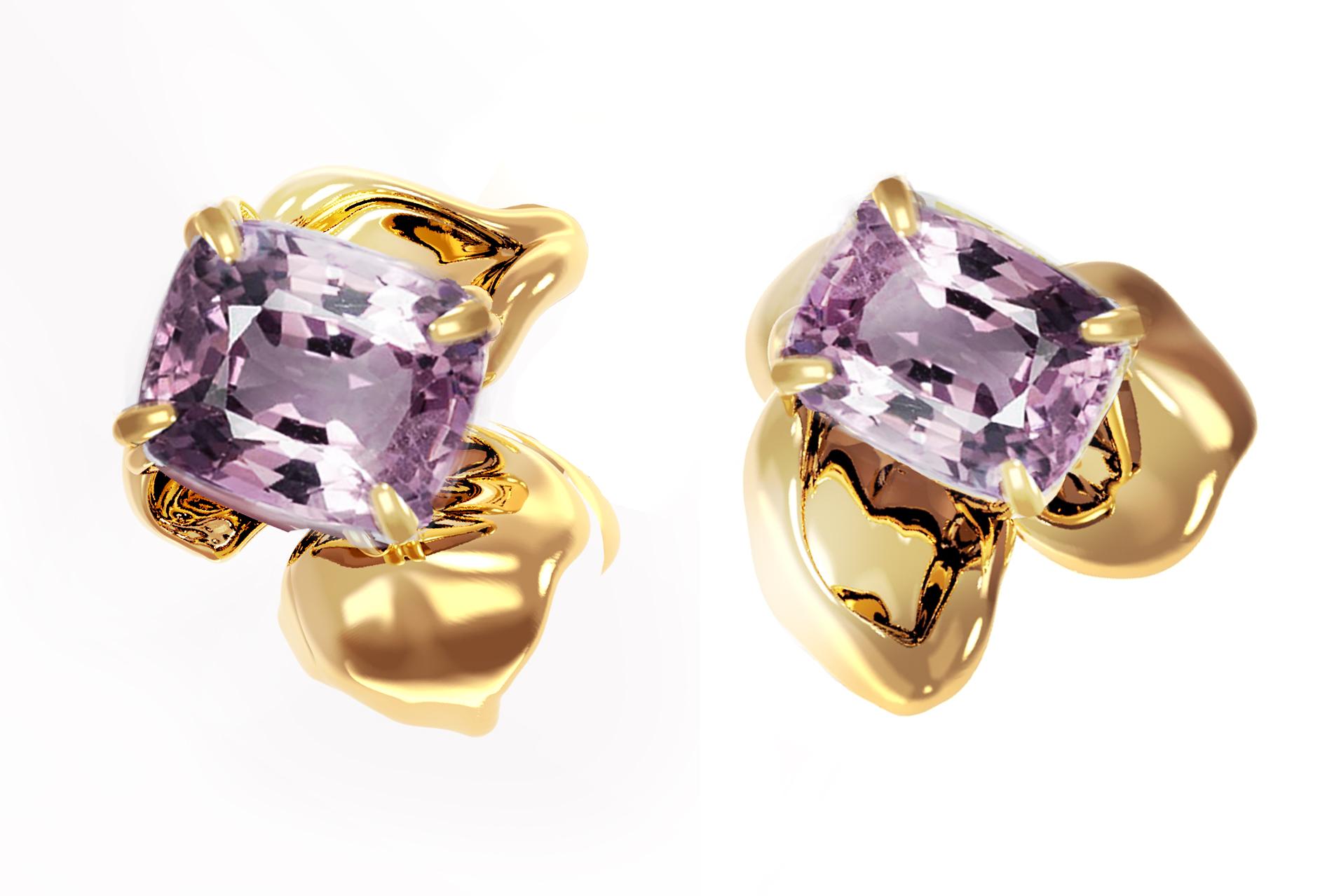 18 Karat Yellow Gold Contemporary Stud Earrings with Cushion Purple Spinels For Sale 7