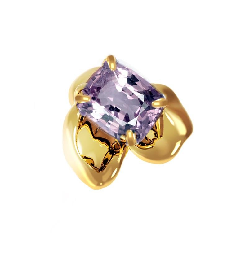 This is a piece from a contemporary jewellery collection designed by Berlin-based oil painter Polya Medvedeva.

These stud earrings are made of 18 karat yellow gold and feature cushion-cut purple spinels weighing 3 carats in total. The design is