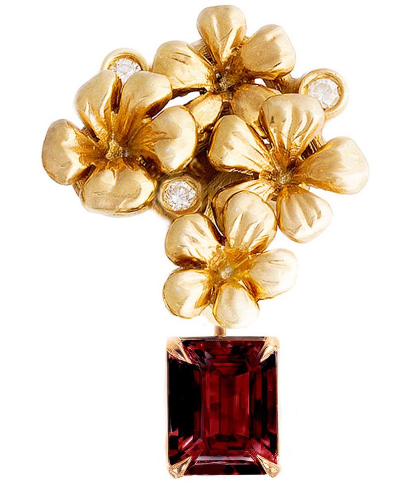 These contemporary 18 karat yellow gold cocktail earrings are encrusted with 6 round diamonds and detachable rubies, 1,4 carats in total, 6,7x4 mm each. This jewellery collection was featured in Vogue UA review in November.
The size of one earring