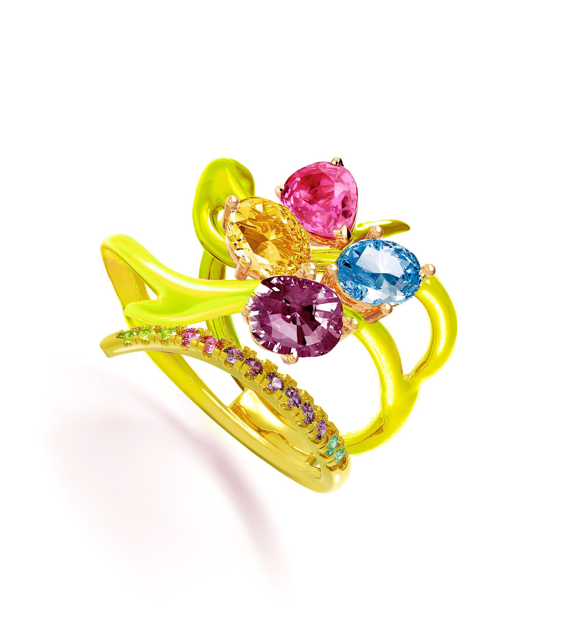 This Harajuku contemporary cocktail ring is made of 18 karat yellow gold with natural gems on your choice custom made.
The gems are:
Oval or pear cut pink sapphire, 2,17 carats;
Unheated untreated yellow sapphire in oval cut, 1,61 carats;
Blue swiss