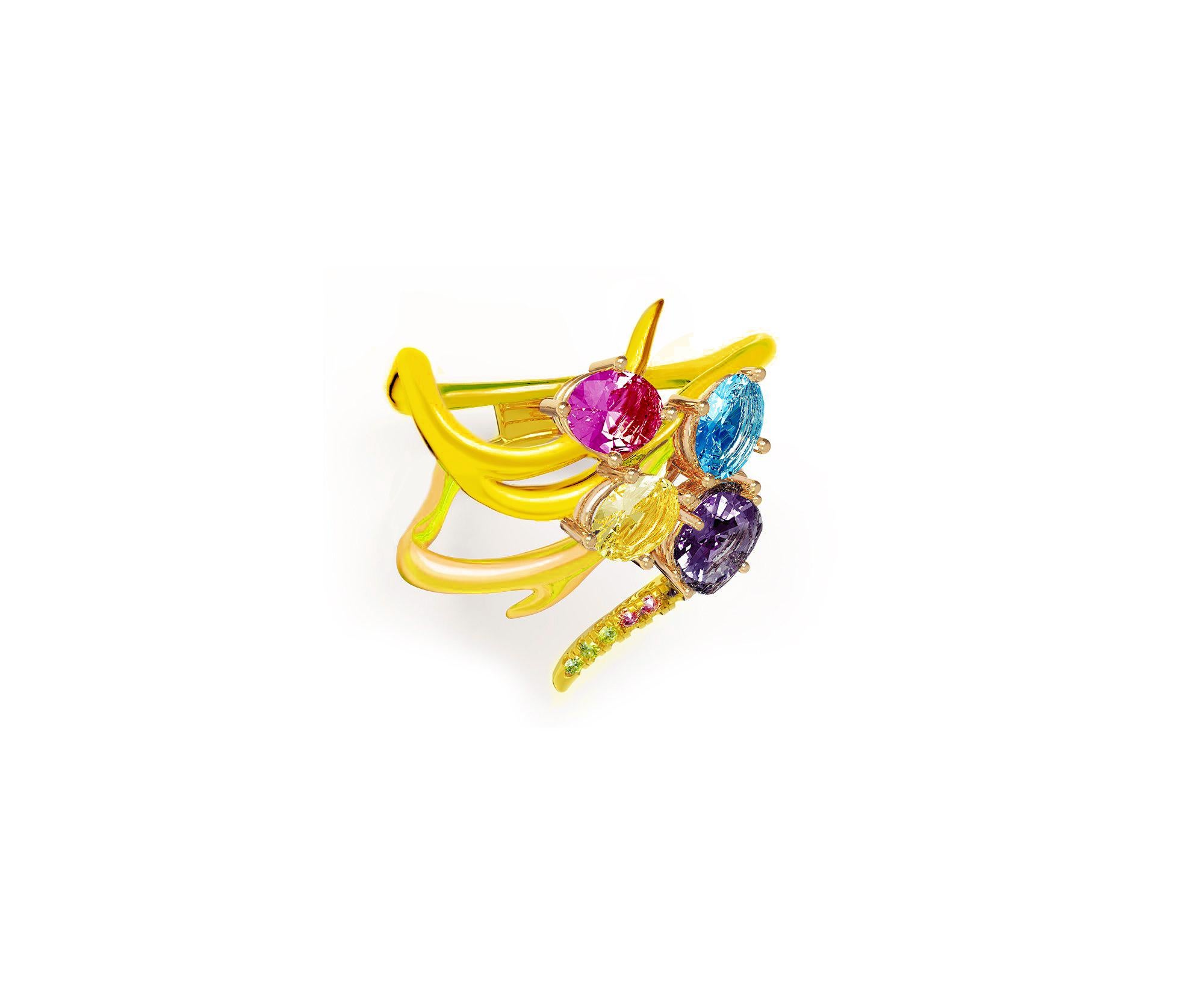 Eighteen Karat Yellow Gold Contemporary Yellow Cocktail Ring with Pink Sapphires For Sale 5