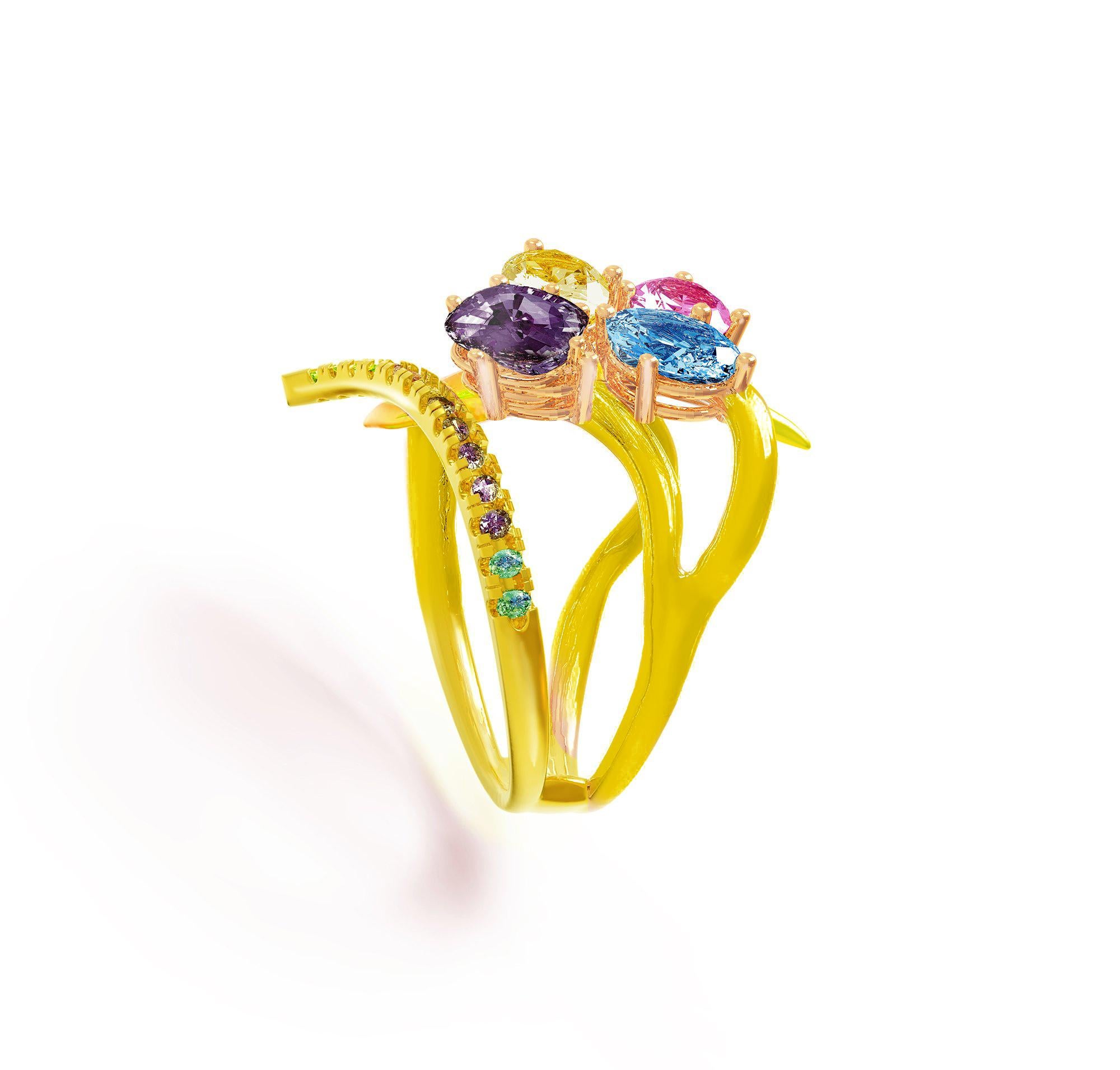Eighteen Karat Yellow Gold Contemporary Yellow Cocktail Ring with Pink Sapphires For Sale 6