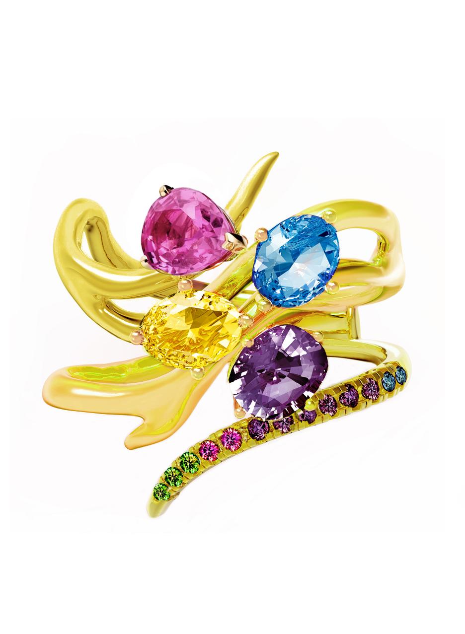Eighteen Karat Yellow Gold Contemporary Yellow Cocktail Ring with Pink Sapphires For Sale 7