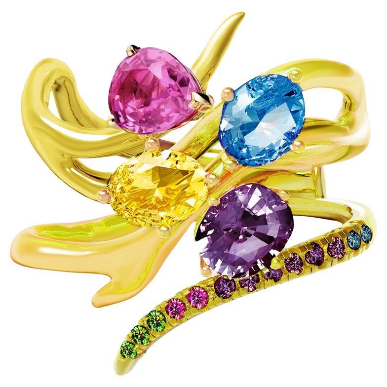 Eighteen Karat Yellow Gold Contemporary Yellow Cocktail Ring with Pink Sapphires