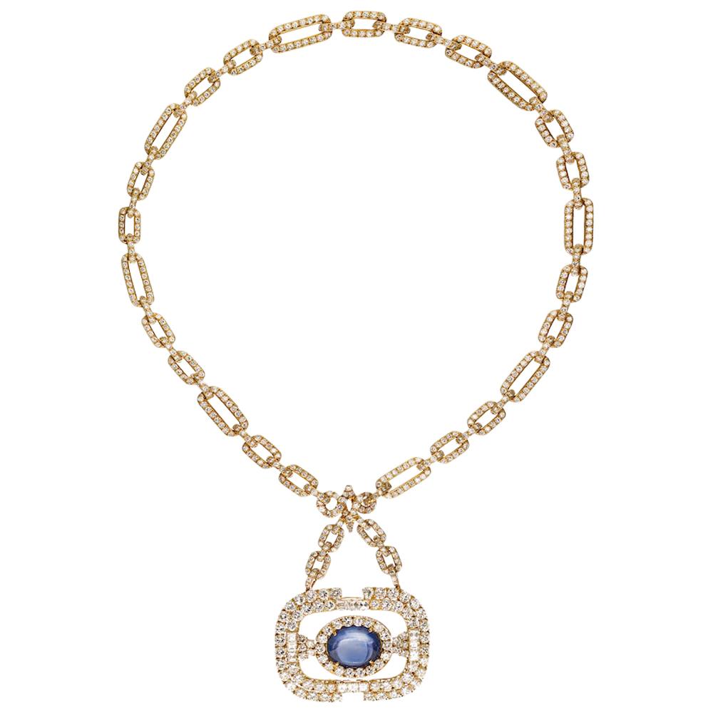 18 Karat Yellow Gold Convertible Diamond Link Chain and Sapphire Necklace