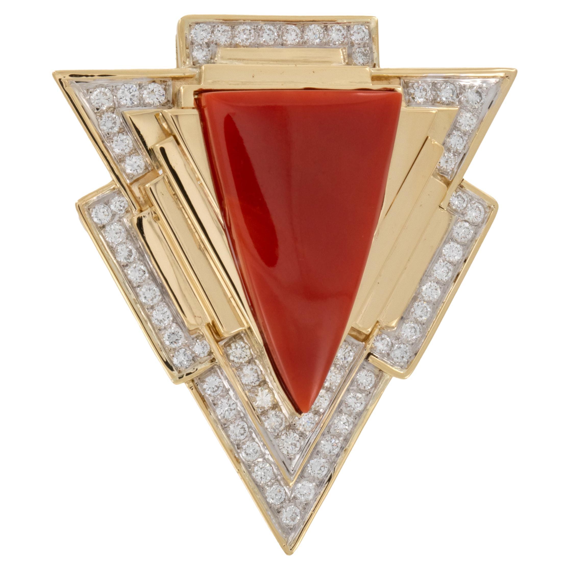 18 Karat Yellow Gold Coral and 1.92 Cttw Diamond Brooch by Emis Beros