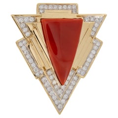 Broche de oro amarillo de 18 quilates con coral y diamantes de 1,92 qt de Emis Beros