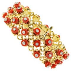 18 Karat Yellow Gold Coral and Diamond Bracelet