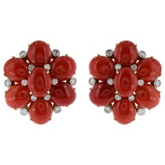 18 Karat Yellow Gold Coral and Diamond Clip-On Earrings