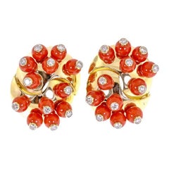 18 Karat Yellow Gold Coral and Diamond Clip-On Earrings