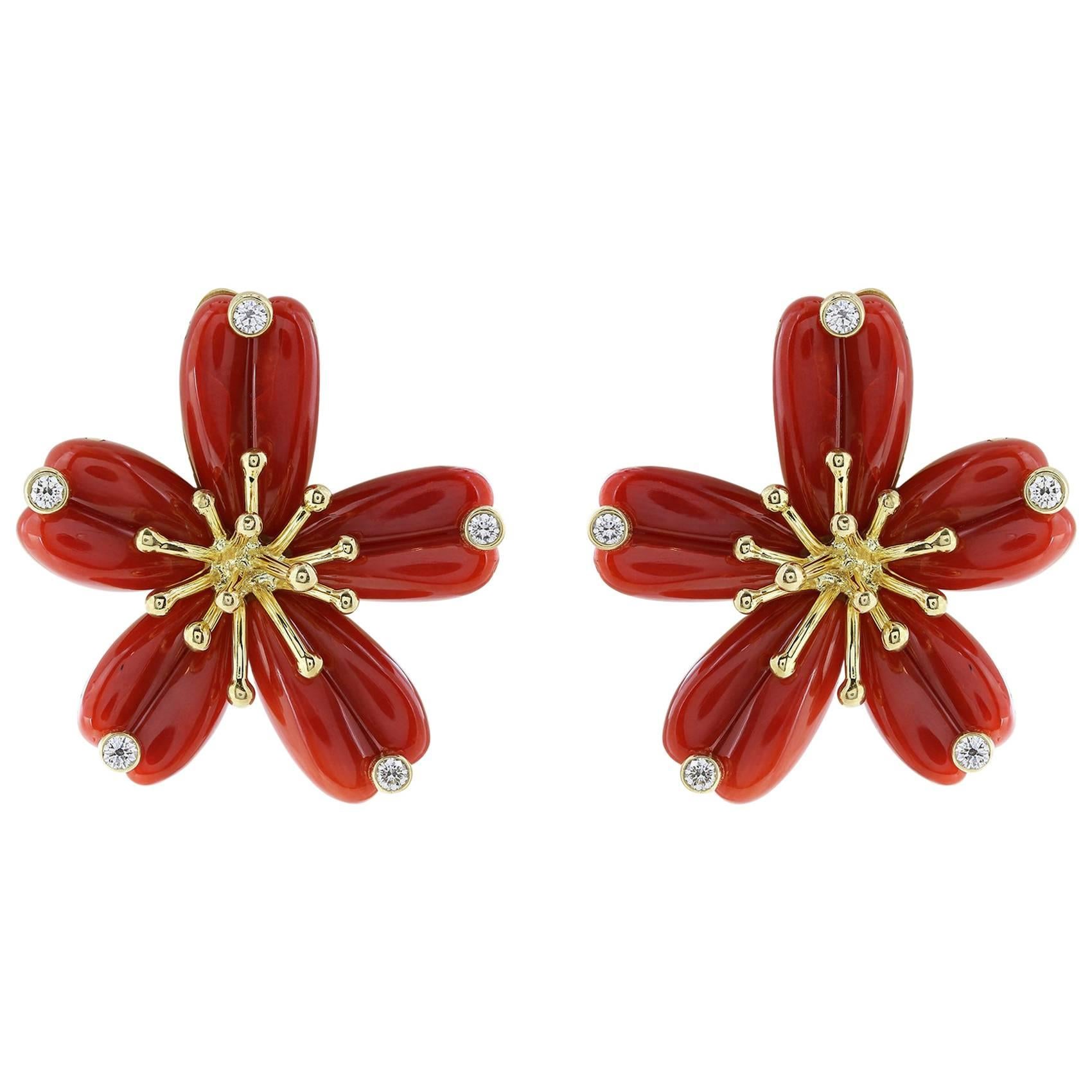 18 Karat Yellow Gold Coral and Diamond Floral Motif Earrings For Sale