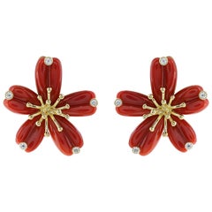 18 Karat Yellow Gold Coral and Diamond Floral Motif Earrings