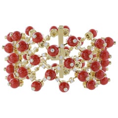 18 Karat Yellow Gold Coral and Diamond Mesh Bracelet
