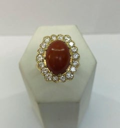 18 Karat Yellow Gold Coral and Diamond Ring