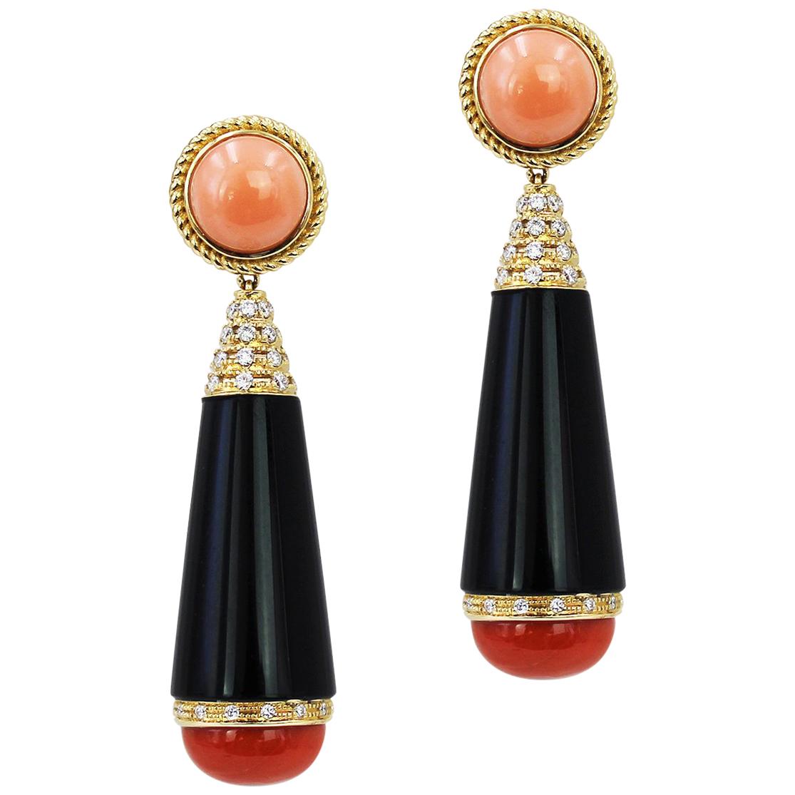 18 Karat Yellow Gold Coral and Onyx Drop Earrings