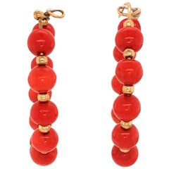 18 Karat Yellow Gold Coral Bead Hoops Wire Earrings