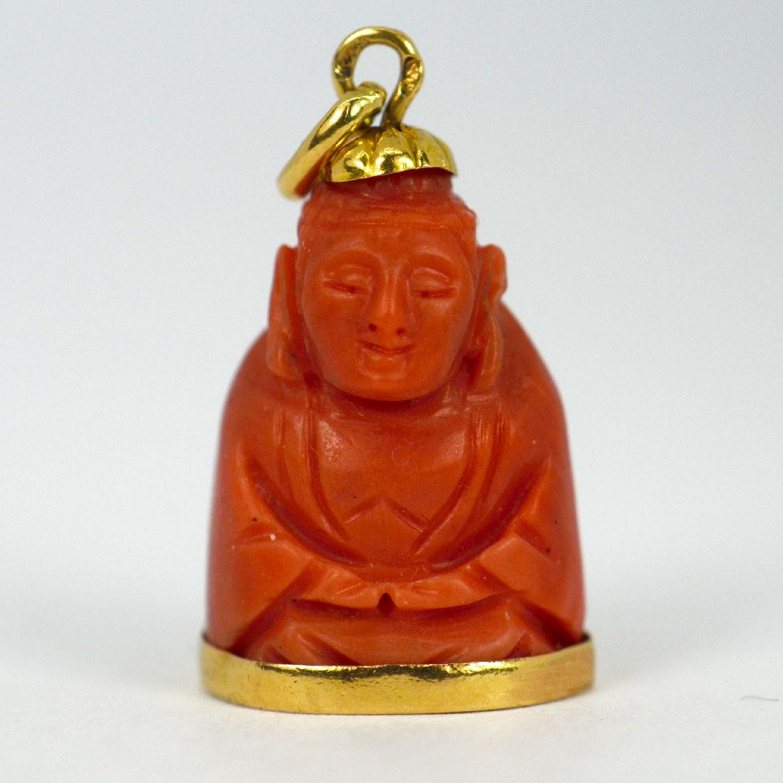Uncut 18 Karat Yellow Gold Coral Buddha Charm Pendant