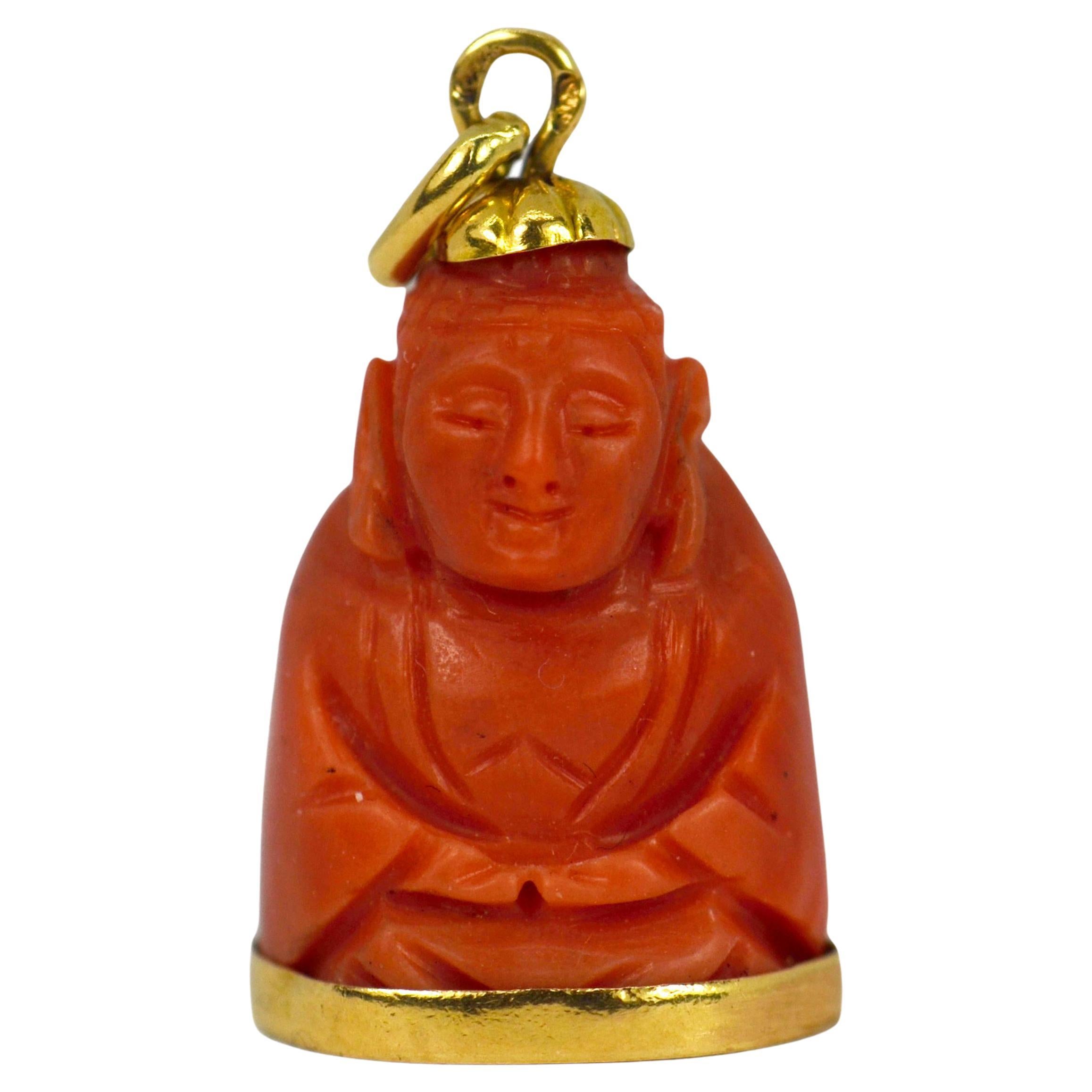 18 Karat Yellow Gold Coral Buddha Charm Pendant