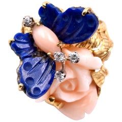 18 Karat Yellow Gold Coral, Lapis, and Diamond Butterfly Ring