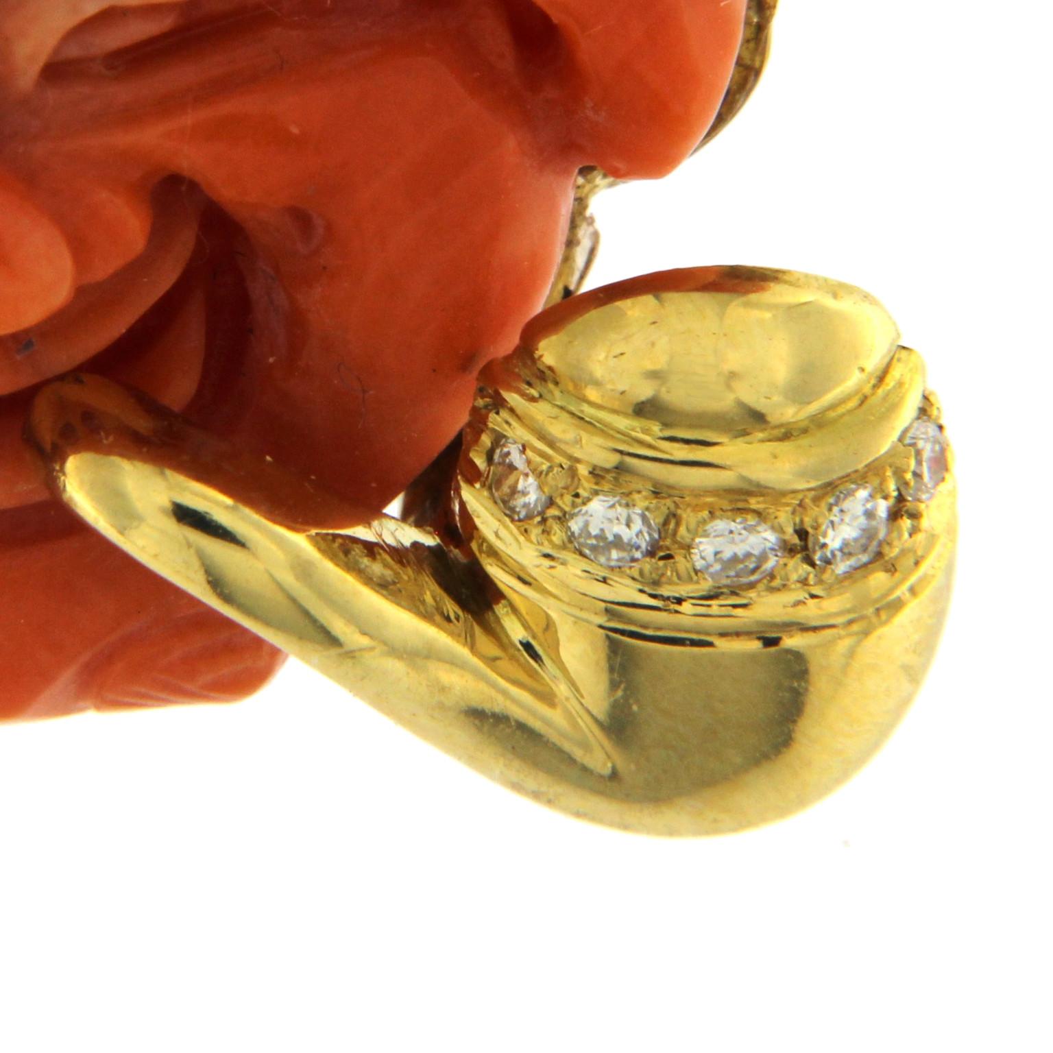 Women's or Men's 18 Karat Yellow Gold Coral Pin/Pendant with Diamonds