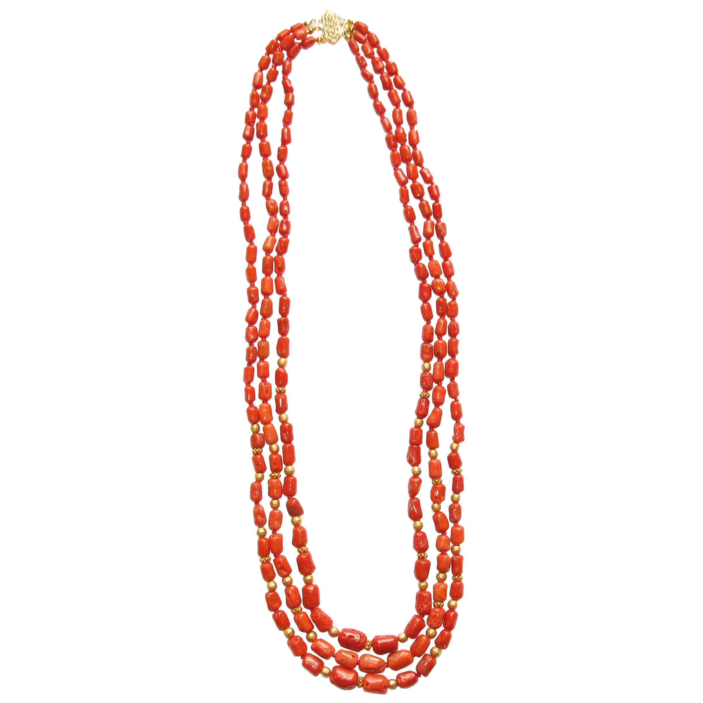 18 Karat Yellow Gold Coral Red Beaded 3 Strand Rope Necklace