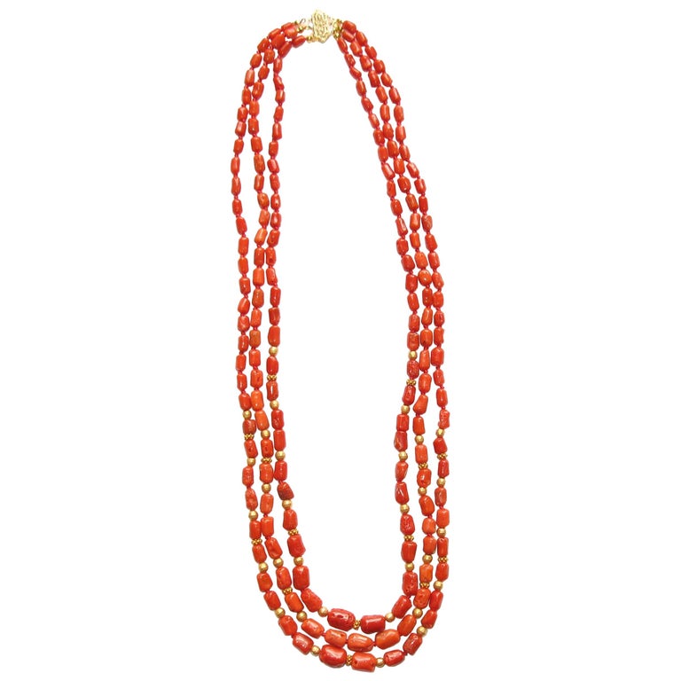 18 Karat Yellow Gold Coral Red Beaded 3 Strand Rope Necklace For Sale
