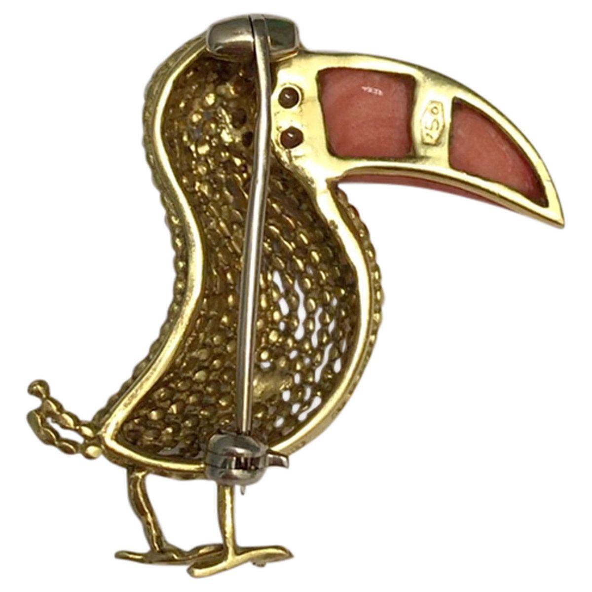 Modern 18 Karat Yellow Gold and Coral Toucan Bird Pin For Sale
