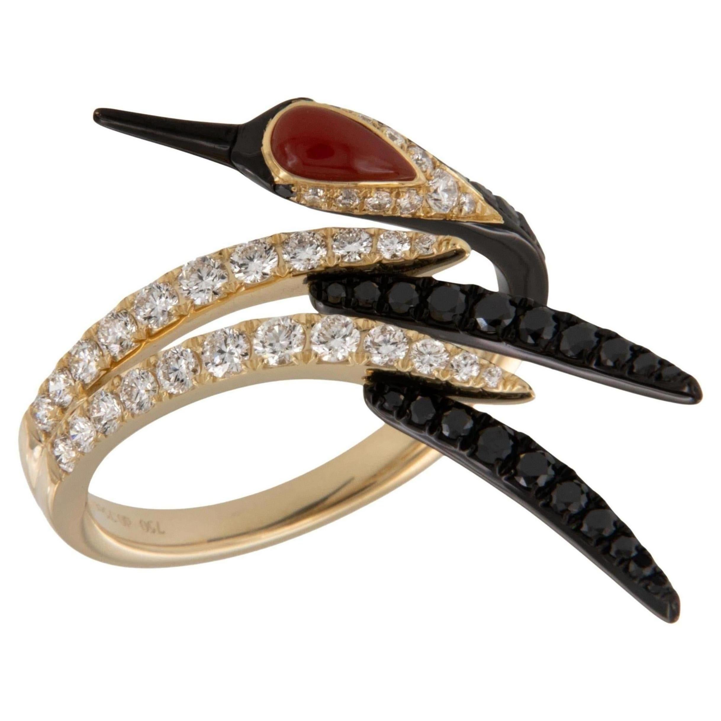 18 Karat Yellow Gold Crane Ring with Coral Black Diamonds and White Diamonds