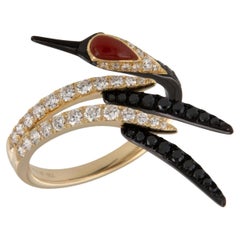 18 Karat Yellow Gold Crane Ring with Coral Black Diamonds and White Diamonds