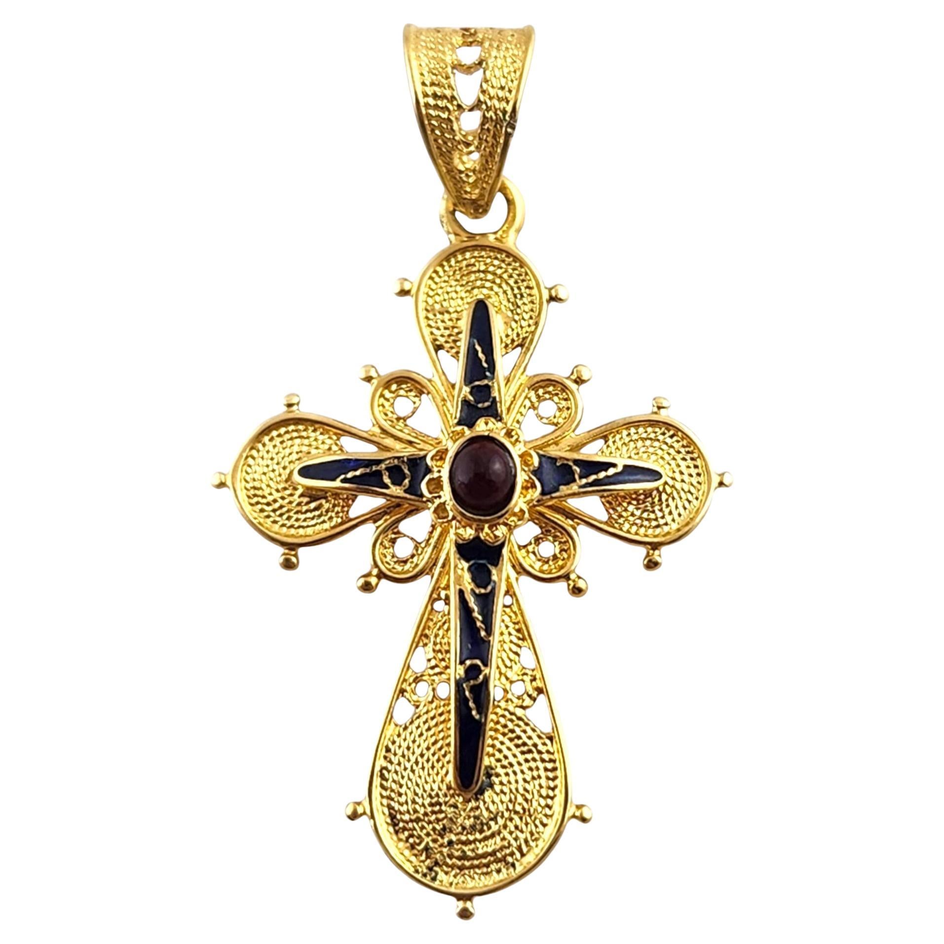 18 Karat Gelbgold Kreuzanhänger mit Emaille und rotem Cabachon # 19440