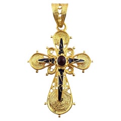 Vintage 18 Karat Yellow Gold Cross Pendant with Enamel & Red Cabachon #19440