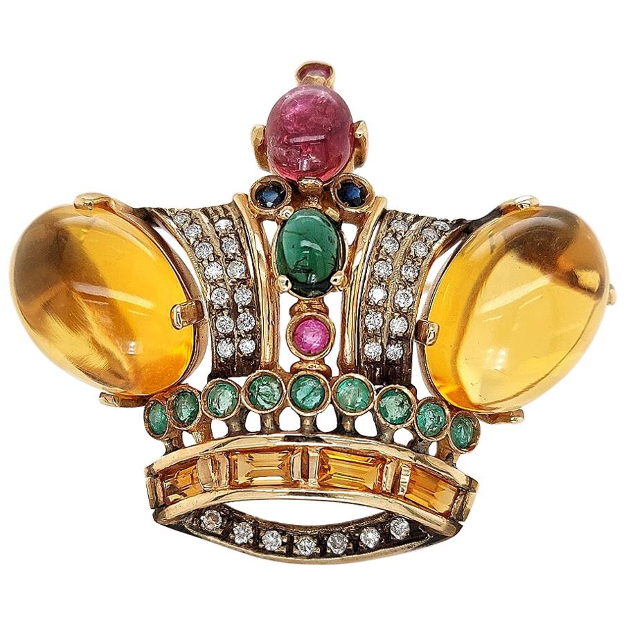 18 Karat Yellow gold Crown Brooch / Pendant with Precious Stones and Diamonds