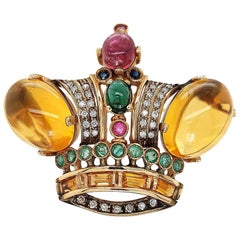 18 Karat Yellow gold Crown Brooch / Pendant with Precious Stones and Diamonds