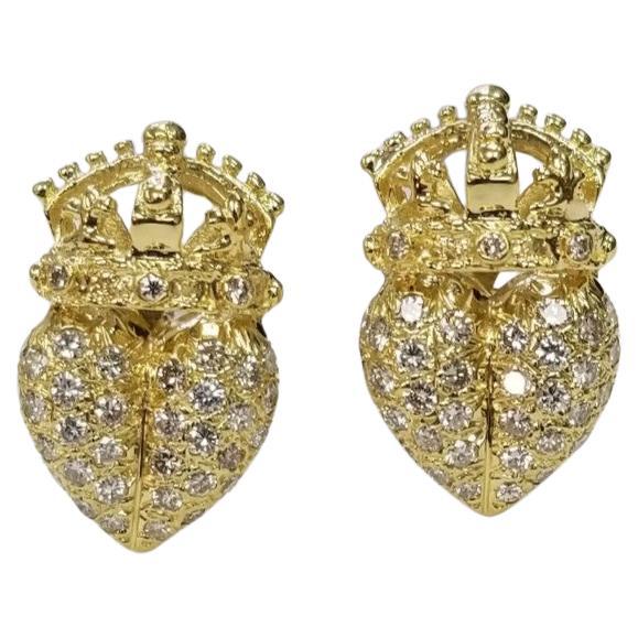 Boucles d'oreilles en or jaune 18 carats couronne de cœurs avec diamants en vente