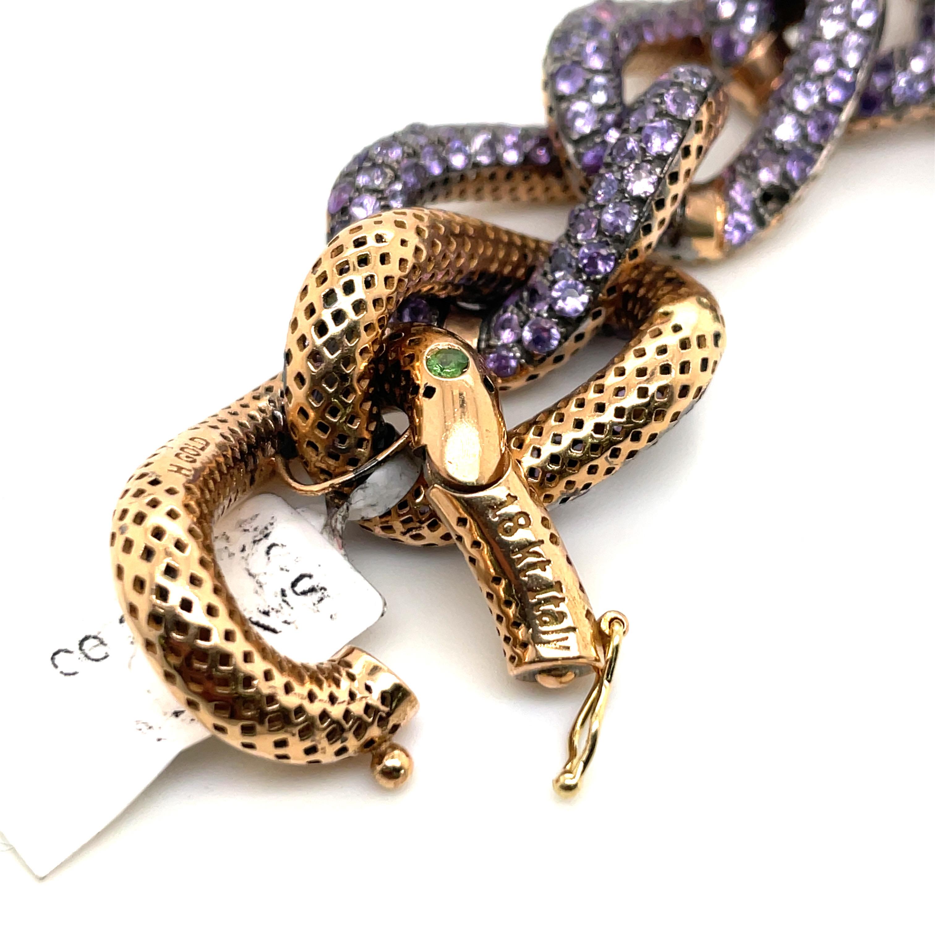 18 Karat Yellow Gold Cuban Link Amethyst Bracelet 75 Grams Made In Italy For Sale 1