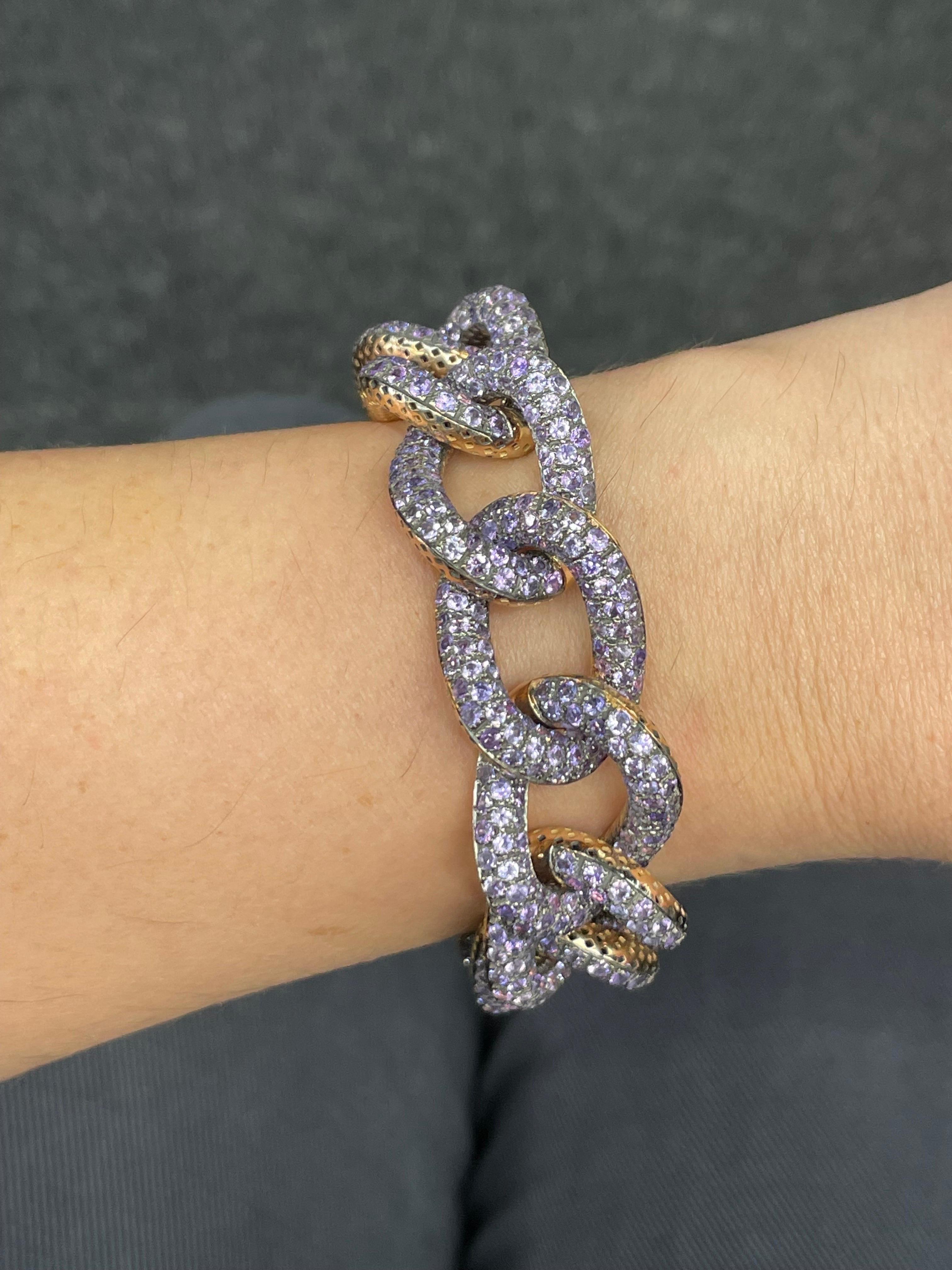 18 Karat Yellow Gold Cuban Link Amethyst Bracelet 75 Grams Made In Italy   For Sale 2