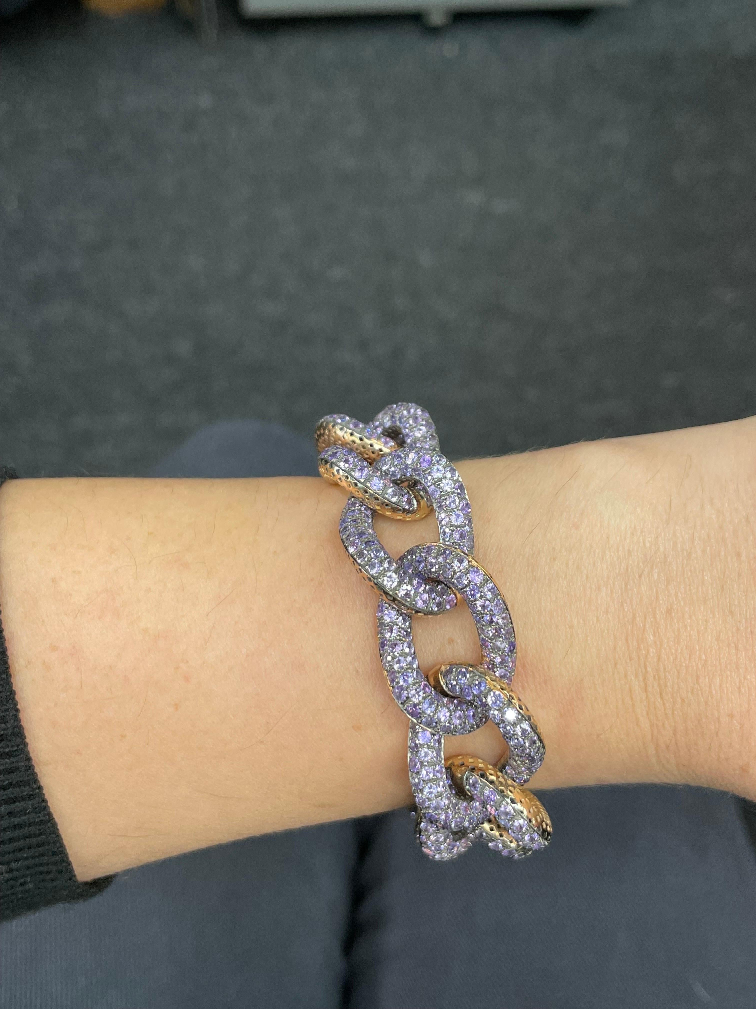 18 Karat Yellow Gold Cuban Link Amethyst Bracelet 75 Grams Made In Italy For Sale 3