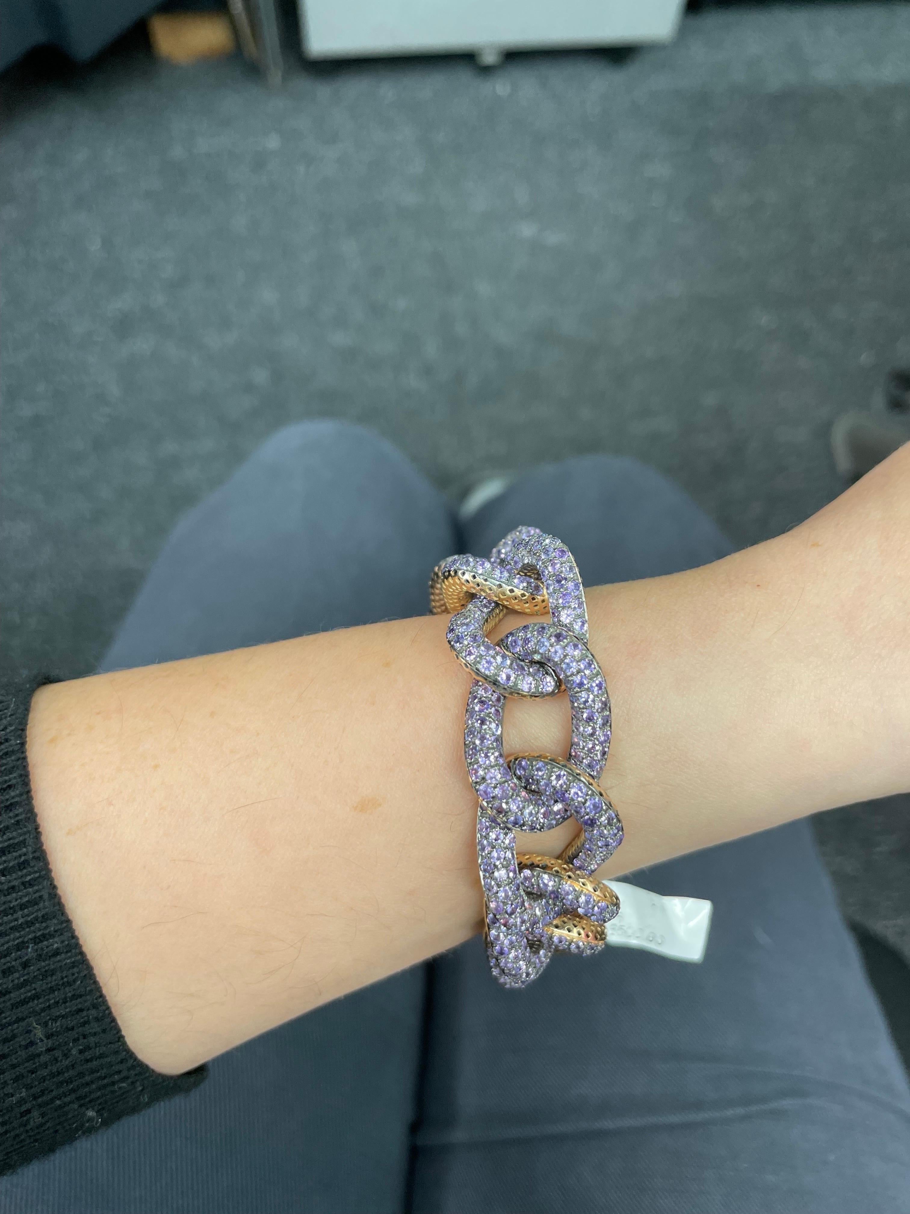 18 Karat Yellow Gold Cuban Link Amethyst Bracelet 75 Grams Made In Italy For Sale 7