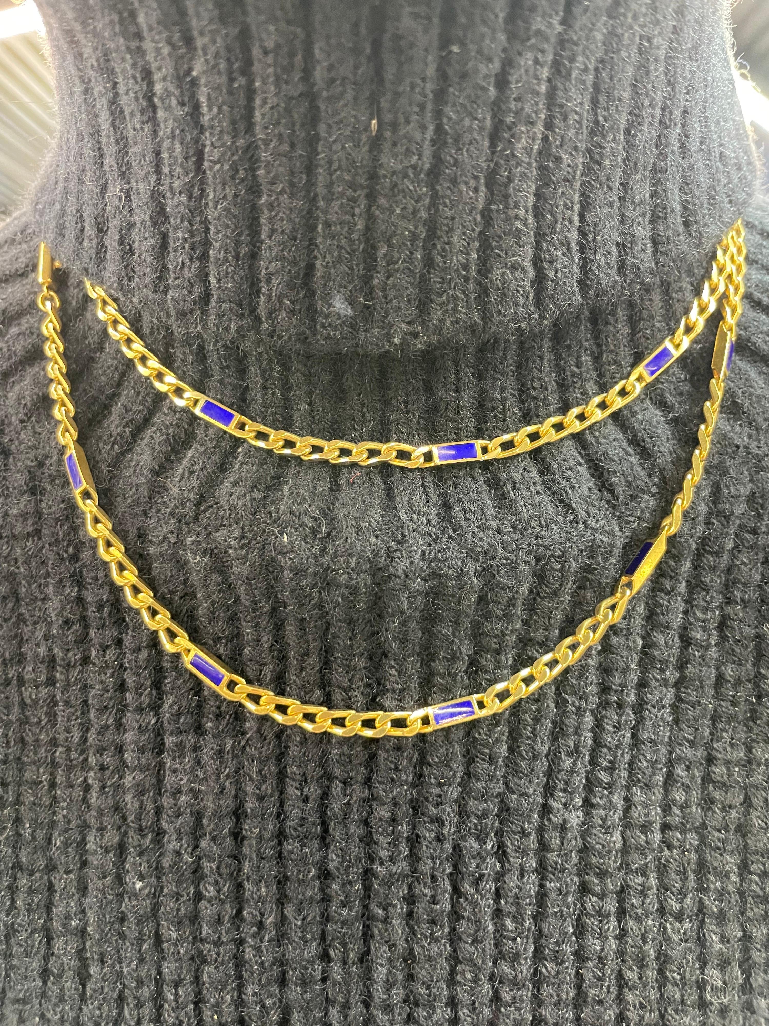 18 Karat Yellow Gold Cuban Link Lapis Chain Necklace 72.9 Grams For Sale 2