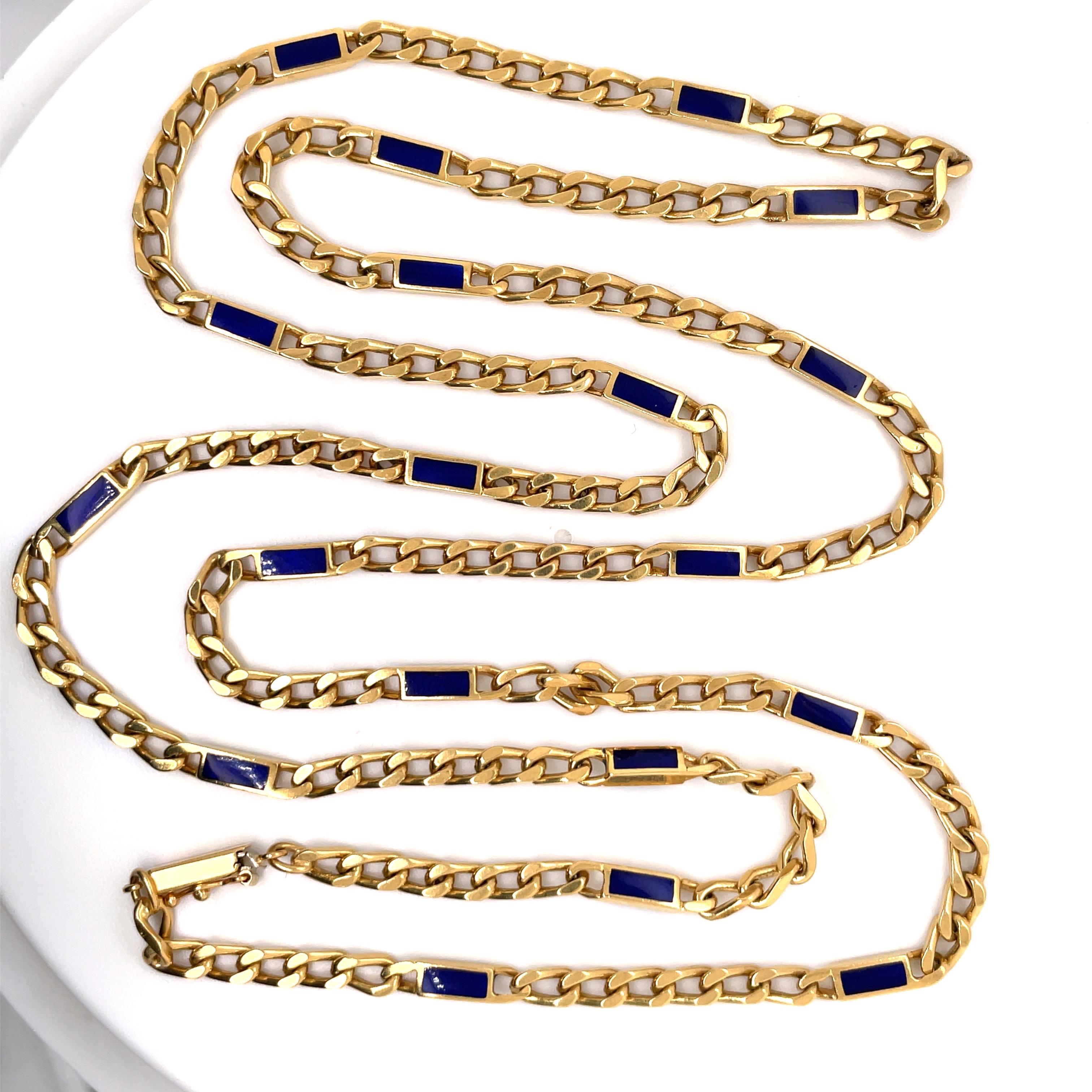 18 Karat Yellow Gold necklace featuring Lapis Bar links on a Cuban link chain, weighing 72.9 grams, 37 Inches.
Great for Laying!