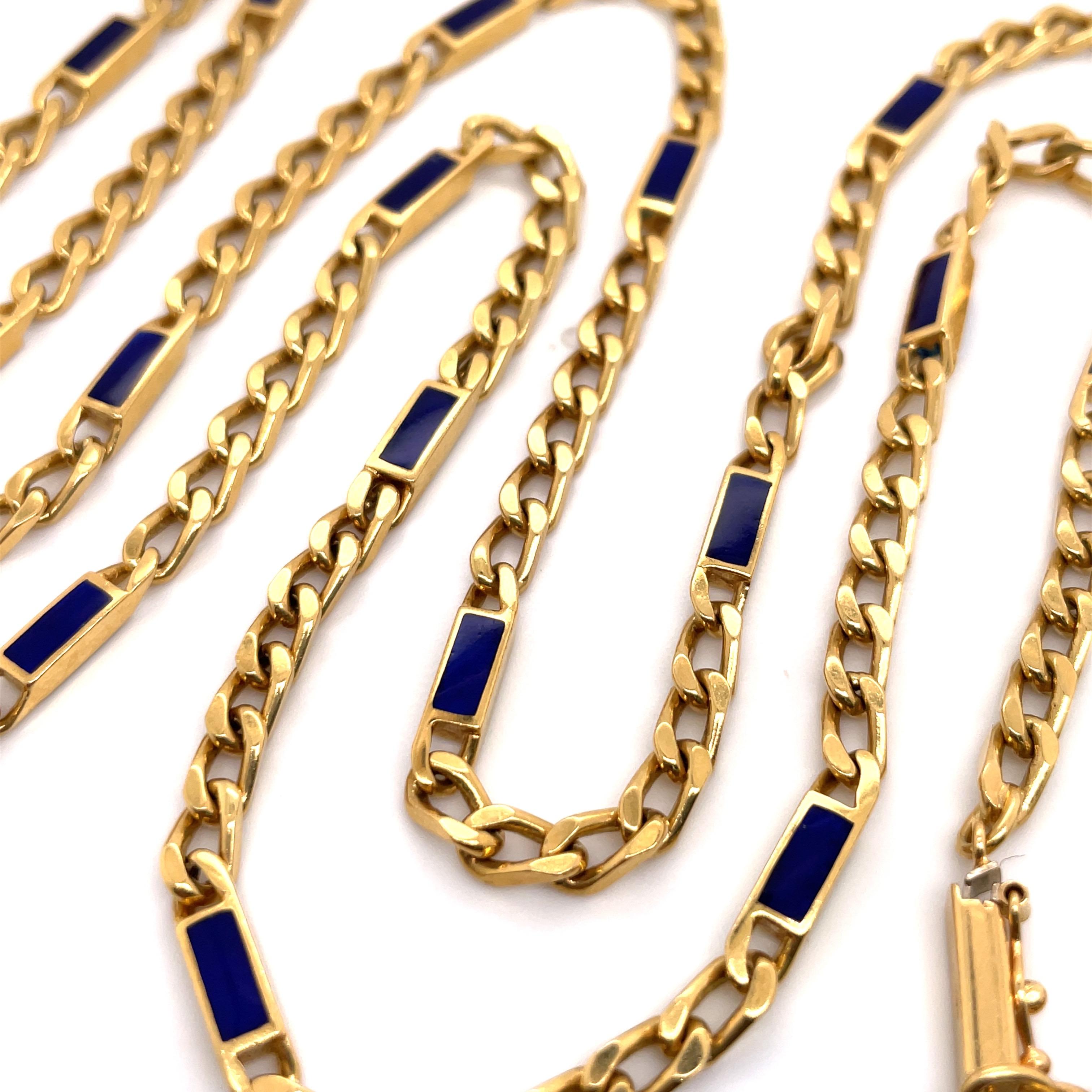 Contemporary 18 Karat Yellow Gold Cuban Link Lapis Chain Necklace 72.9 Grams For Sale