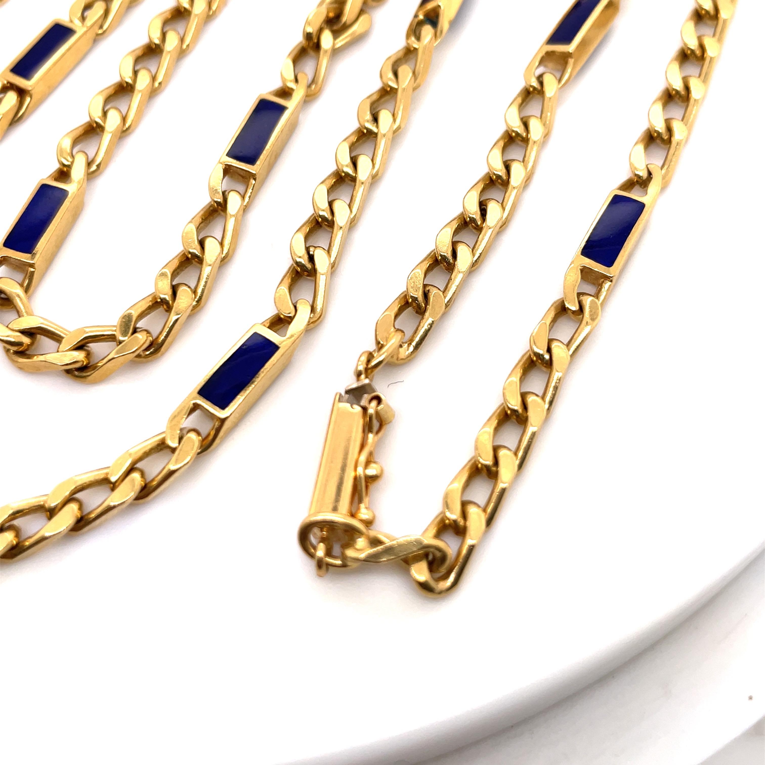 18 Karat Yellow Gold Cuban Link Lapis Chain Necklace 72.9 Grams In Excellent Condition For Sale In New York, NY