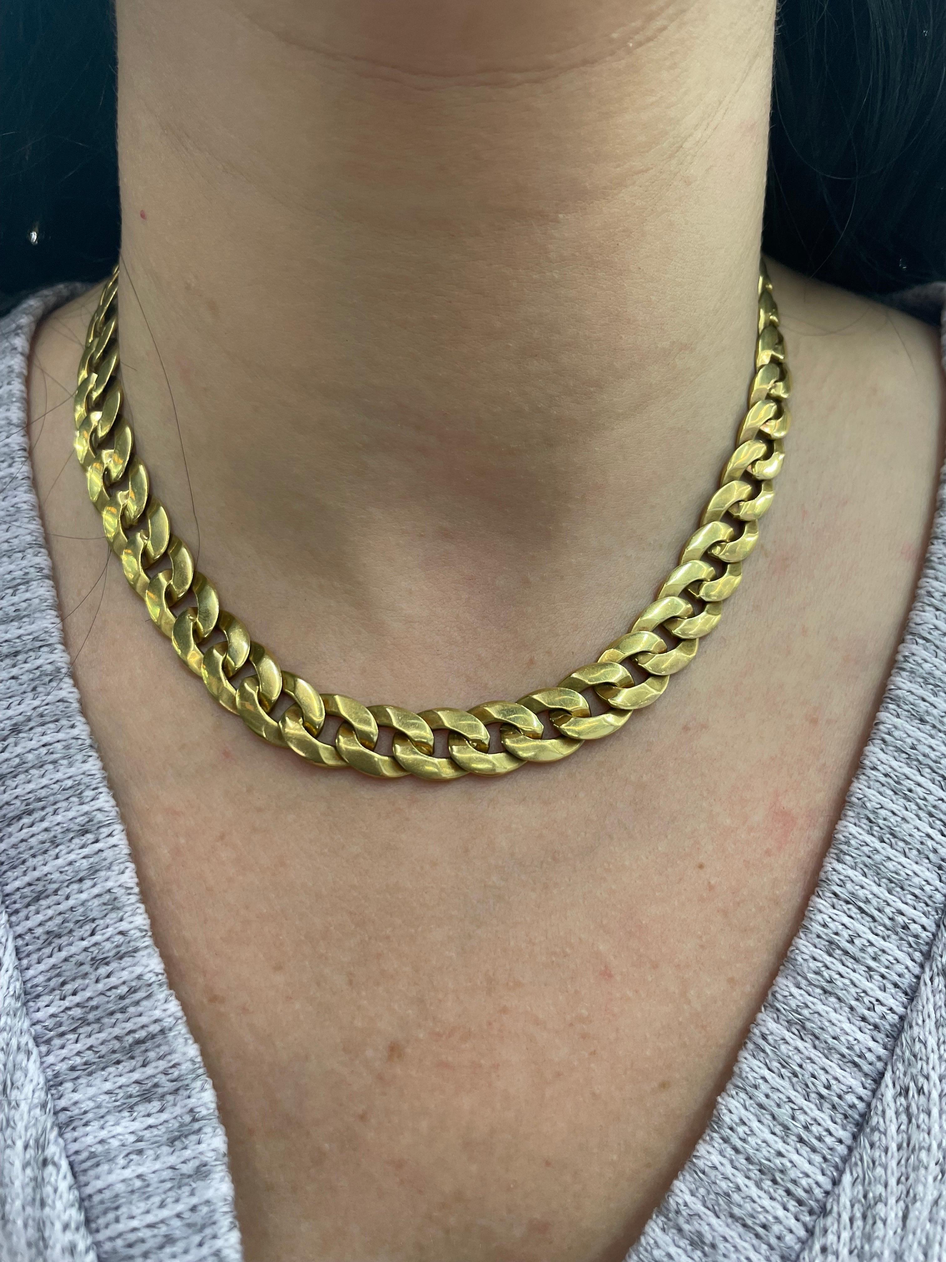 18 Karat Yellow Gold link necklace 49 Cuban links weighing 86.3 grams, 16.4 inches.
More link necklaces available.