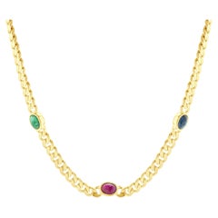 18 Karat Yellow Gold Cuban Link Sapphire, Ruby, and Emerald Station Necklace